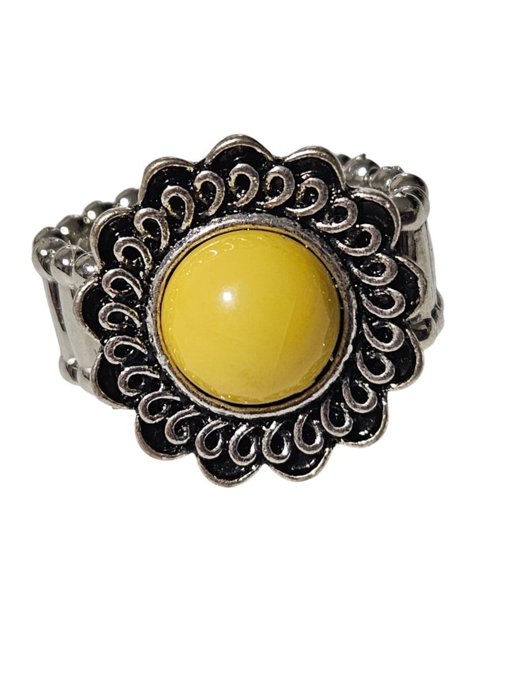 Vintage Yellow Cabochon Ring Ornate Flower Design Retro 70s Boho Southwestern